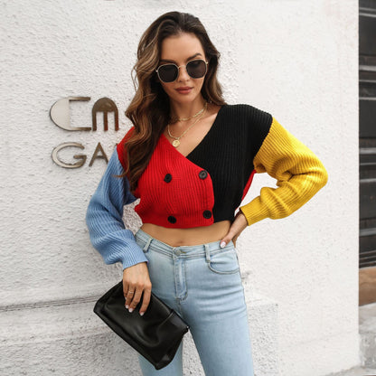 Double Breasted Stitching Contrast Color Knitted Sweater Cardigan Cropped Coat Long Sleeve Autumn Winter