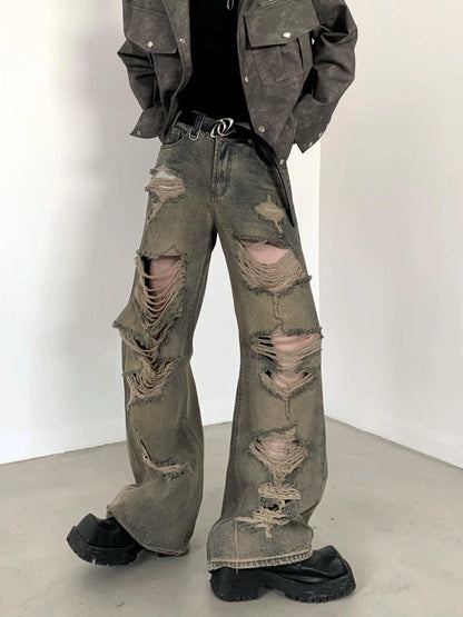 Heavily Distressed Wide-leg Cargo Pants