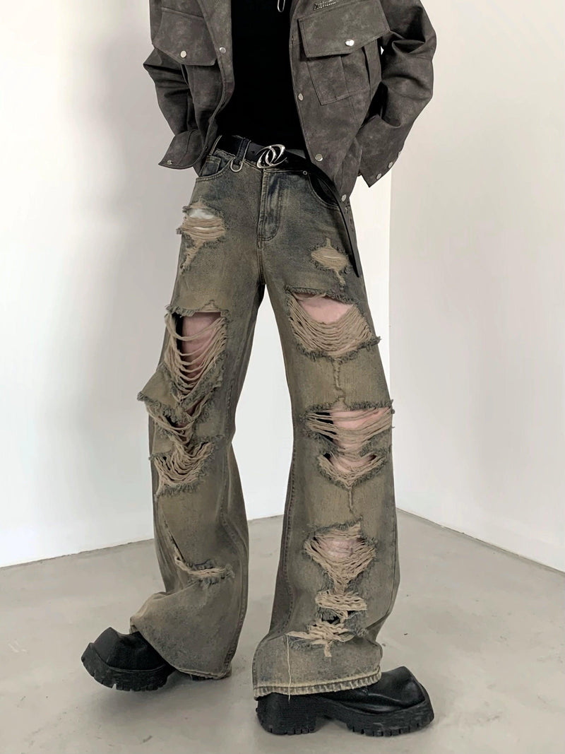 Heavily Distressed Wide-leg Cargo Pants