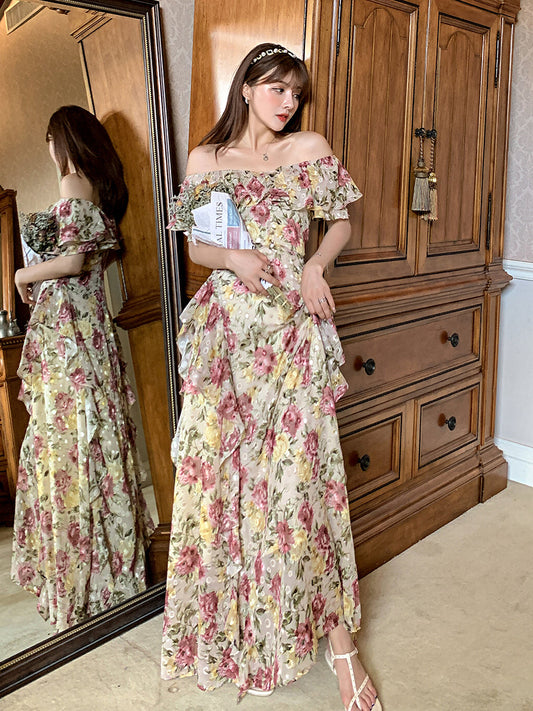 French Court-style Maxi Dress Ruffled Off-shoulder Chiffon Dream Gunne Sax Dress