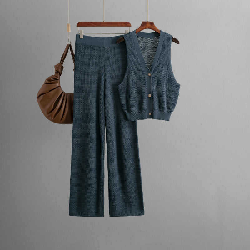 Fashionable Knitted Summer V Neck Sleeveless Vest High Waist Straight Pants Two Piece Set