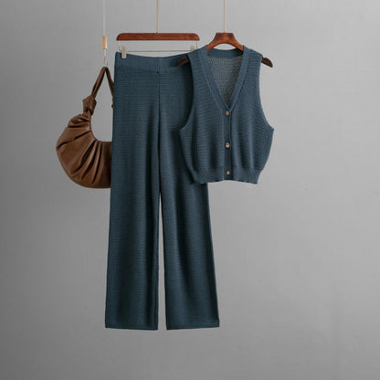 Fashionable Knitted Summer V Neck Sleeveless Vest High Waist Straight Pants Two Piece Set
