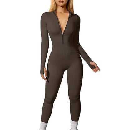 Sports Jumpsuit Workout Ribbed Long Sleeve Zipper Jumpsuit Trousers Tight