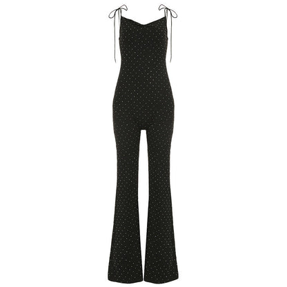 Clothing Rhinestone Siamese Trousers V Neck Slim Fit Sheath Bell Bottom Pants Jumpsuit