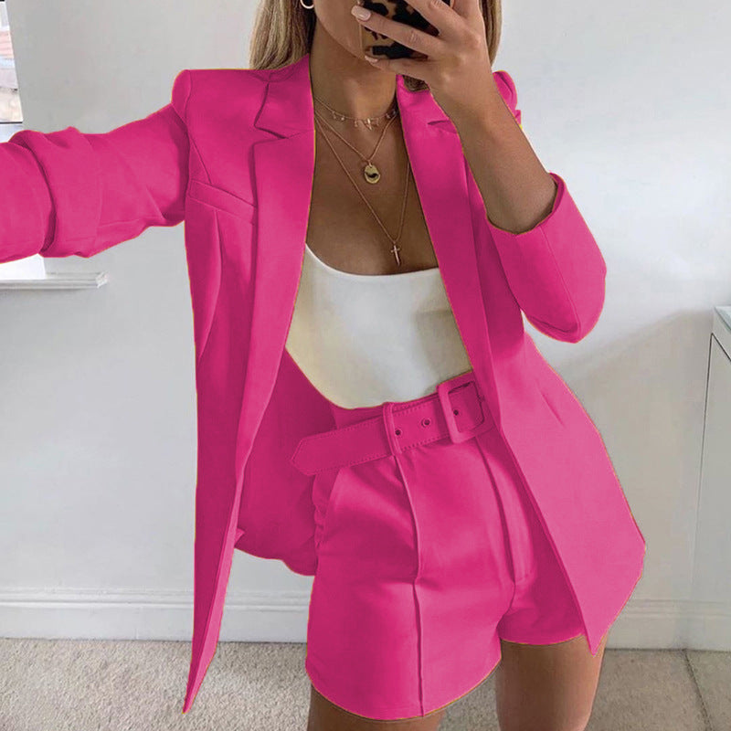 Top Shorts Suit With Belt Polo Collar Cardigan