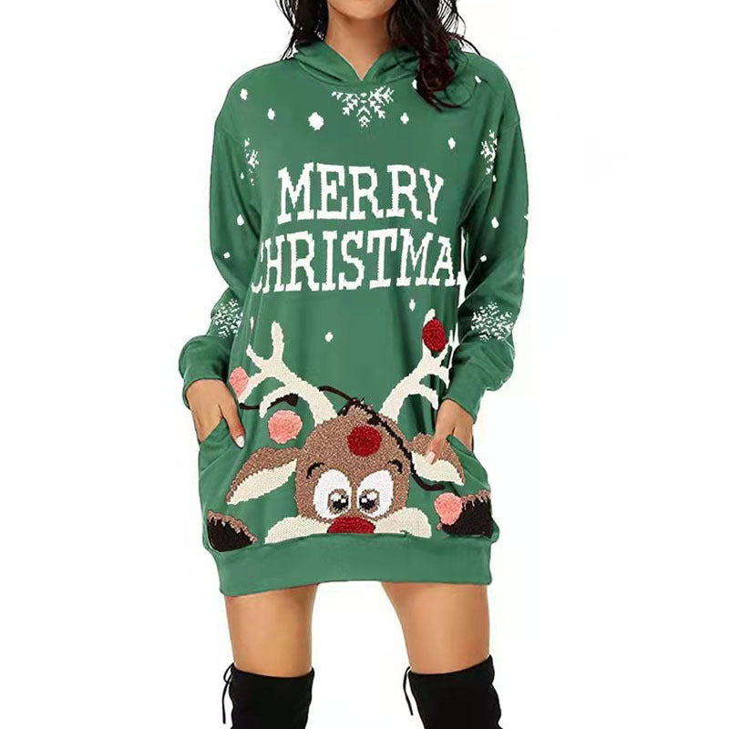 Christmas Printed Long Sleeve Pocket Hooded Sweater Loose Dress