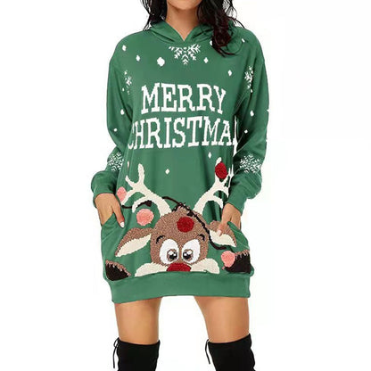 Christmas Printed Long Sleeve Pocket Hooded Sweater Loose Dress