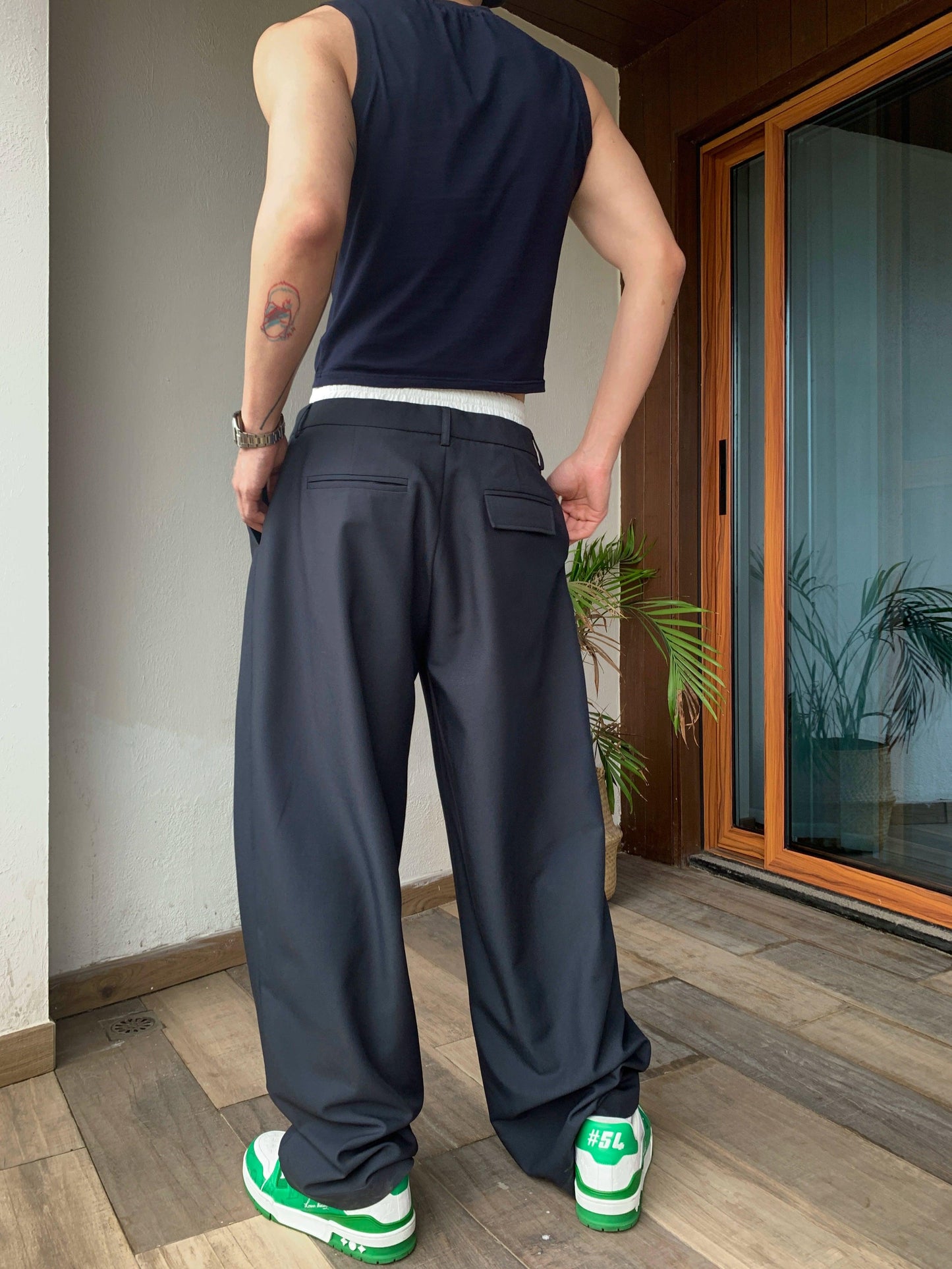 Weave Studio Navy Wide Leg Trousers - Elastic Waist Drawstring Pants With Pleated Front
