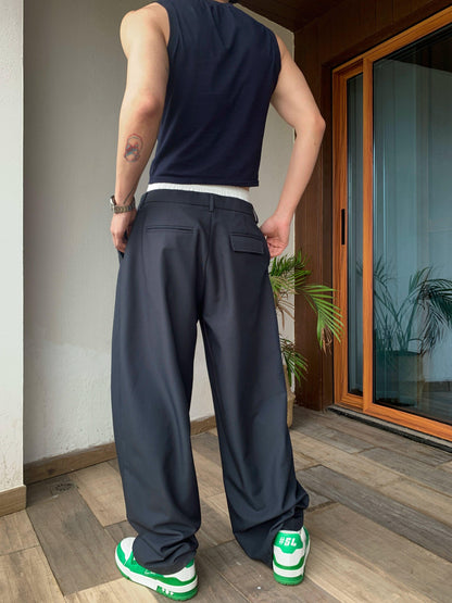 Weave Studio Navy Wide Leg Trousers - Elastic Waist Drawstring Pants With Pleated Front