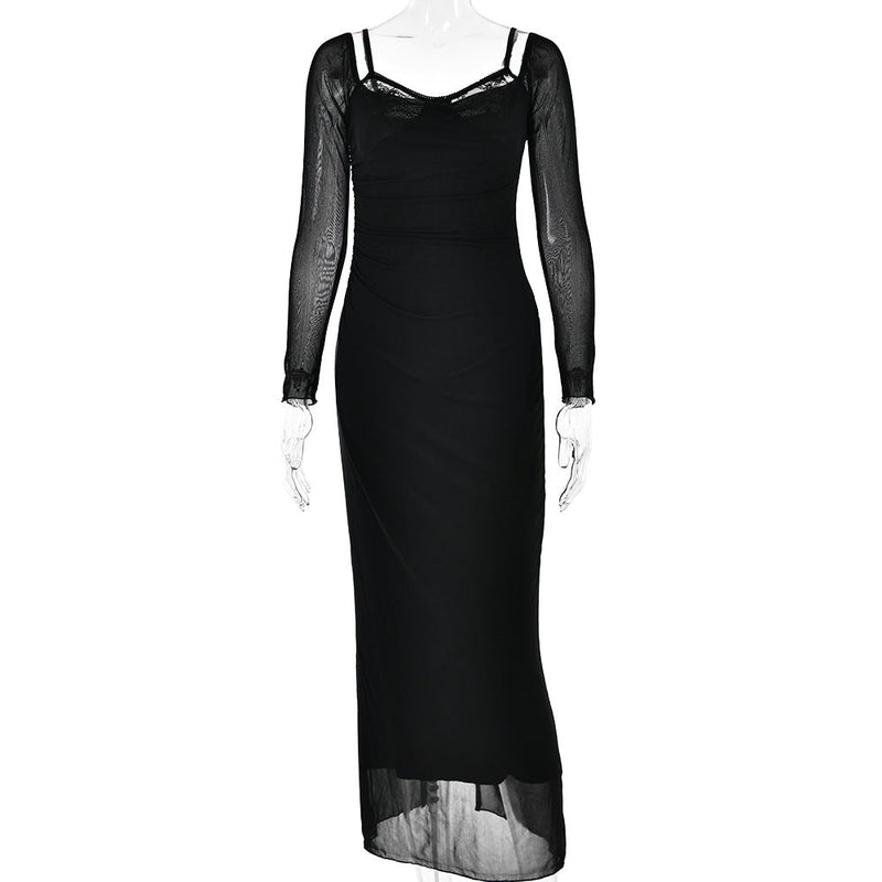 Autumn Long Sleeve Spaghetti Strap Dress Backless Tight Split Maxi Dress