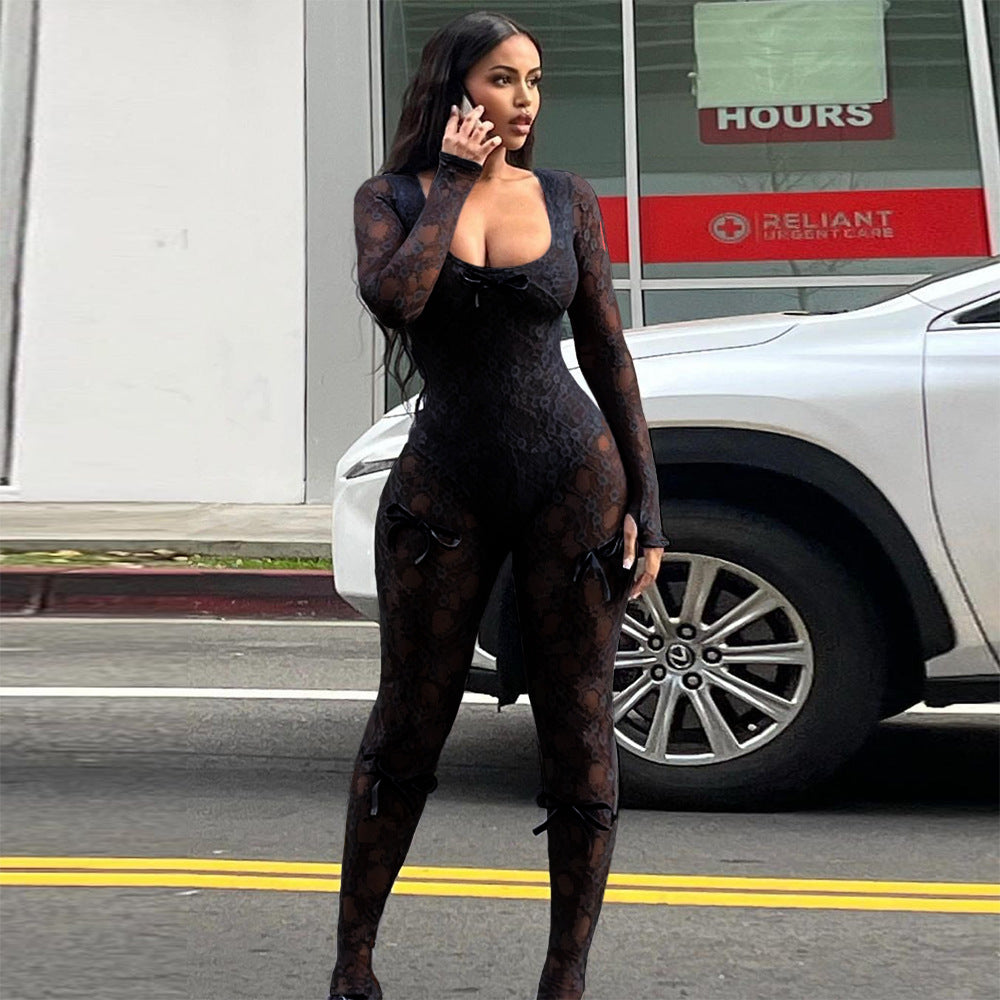 Summer Clothing U Neck Long-sleeved Lace Stretch Jumpsuit