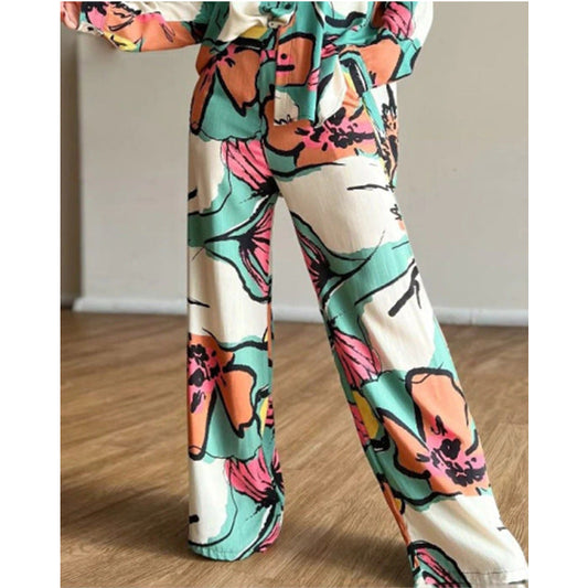 Clothing Printed Office Shirt High Waist Wide Leg Pants Set