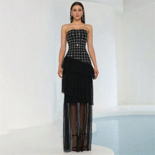 Special Interest Design Rhinestone Tube Top Bandage Dress Mesh Stitching Maxi Dress Party Dress