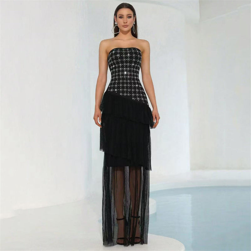 Special Interest Design Rhinestone Tube Top Bandage Dress Mesh Stitching Maxi Dress Party Dress