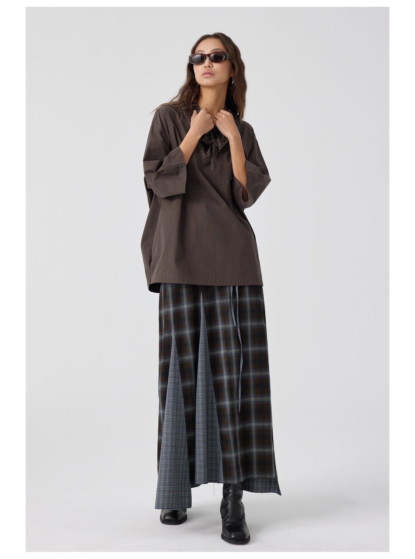 Plaid Asymmetric Panel Mermaid Long Skirt