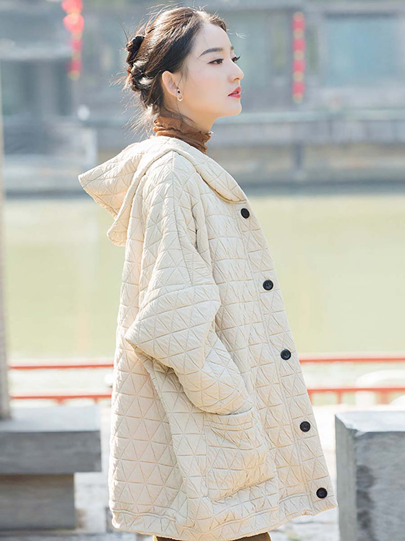 Winter Button Pocket Hooded Coat Cx062