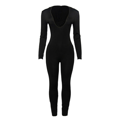 Autumn Color Long Sleeve Hooded Backless Slim Jumpsuit