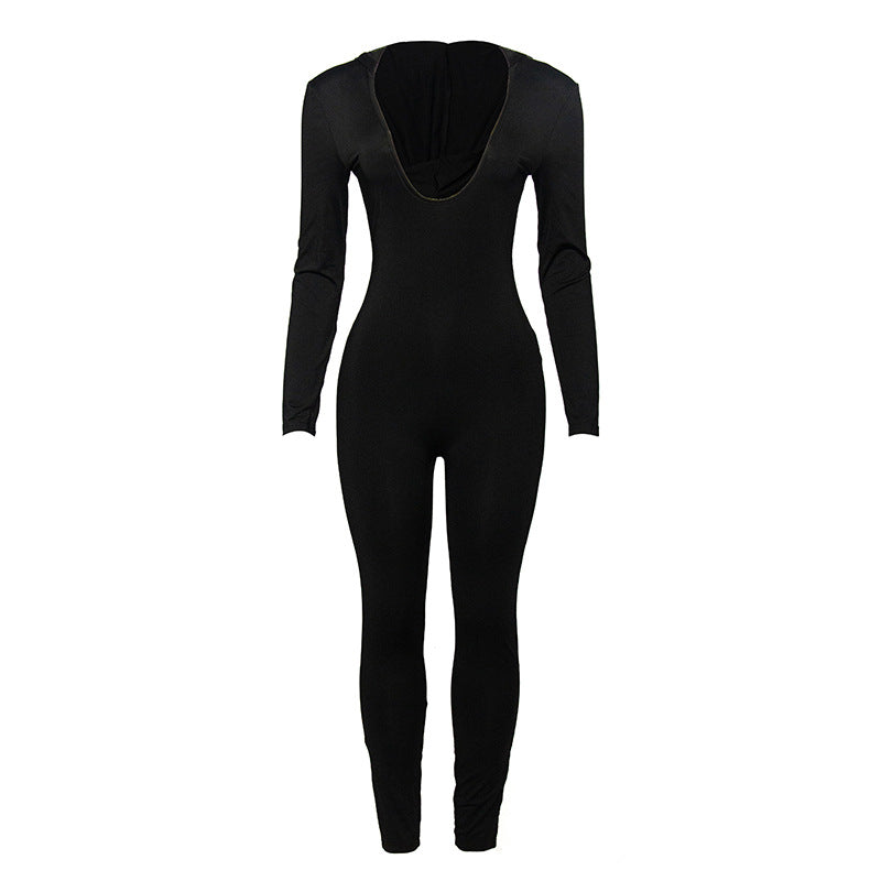 Autumn Color Long Sleeve Hooded Backless Slim Jumpsuit