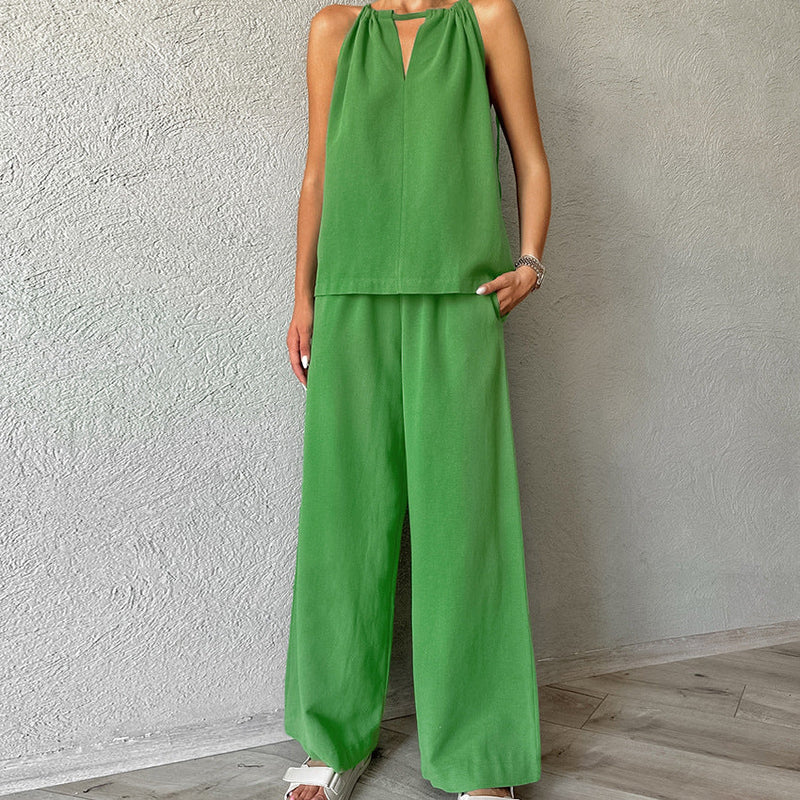 Khaki Cotton Linen Hollow Out Cutout Out Tied Sleeveless Halter Vest Wide Leg Pants Set Spring Summer