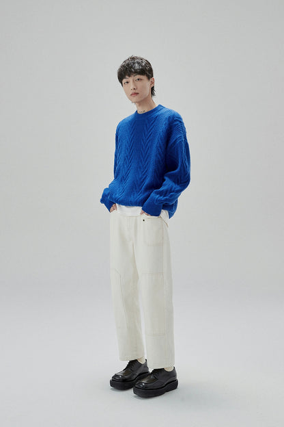 Cream Cable Knit Sweater With Chevron Pattern