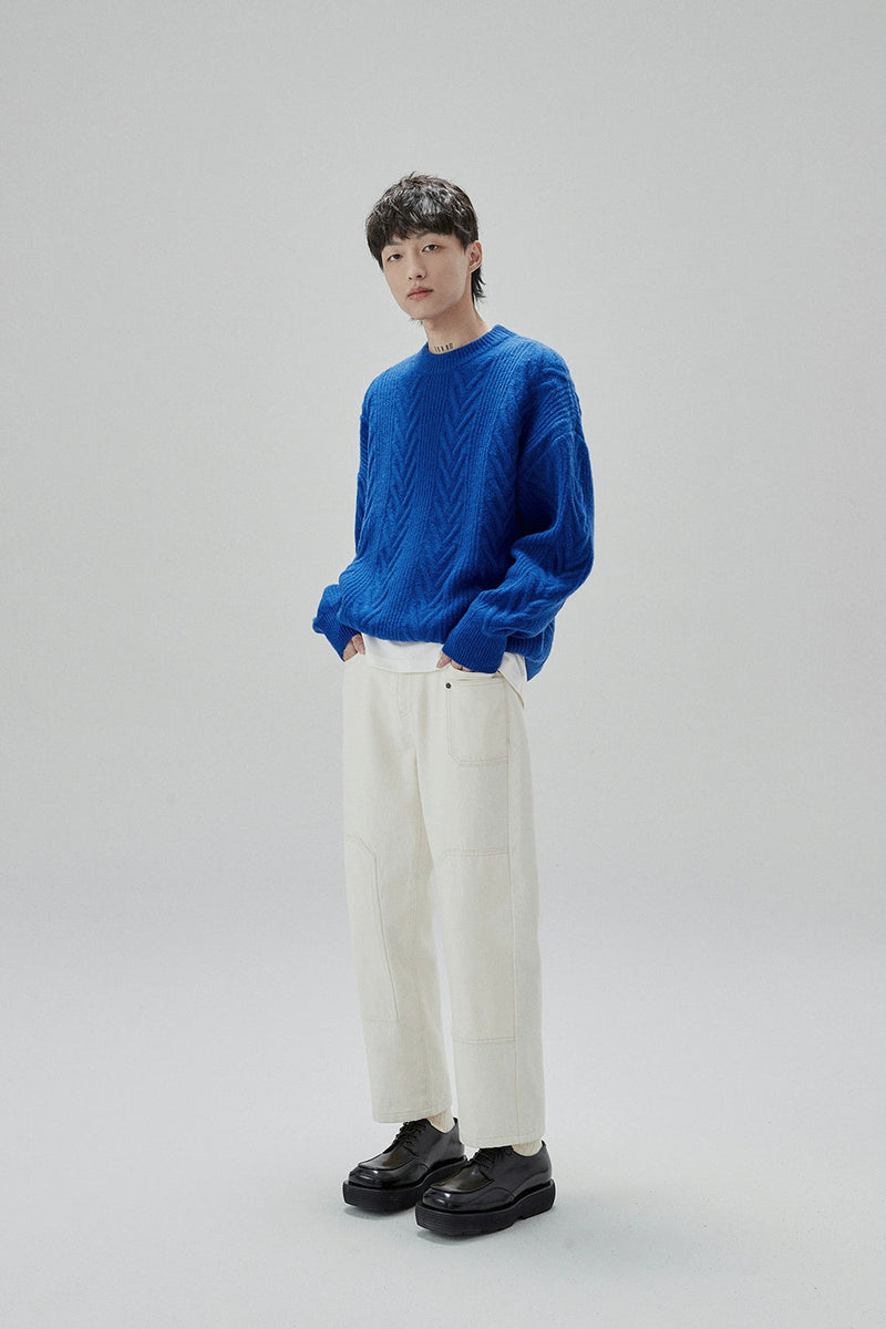 Cream Cable Knit Sweater With Chevron Pattern