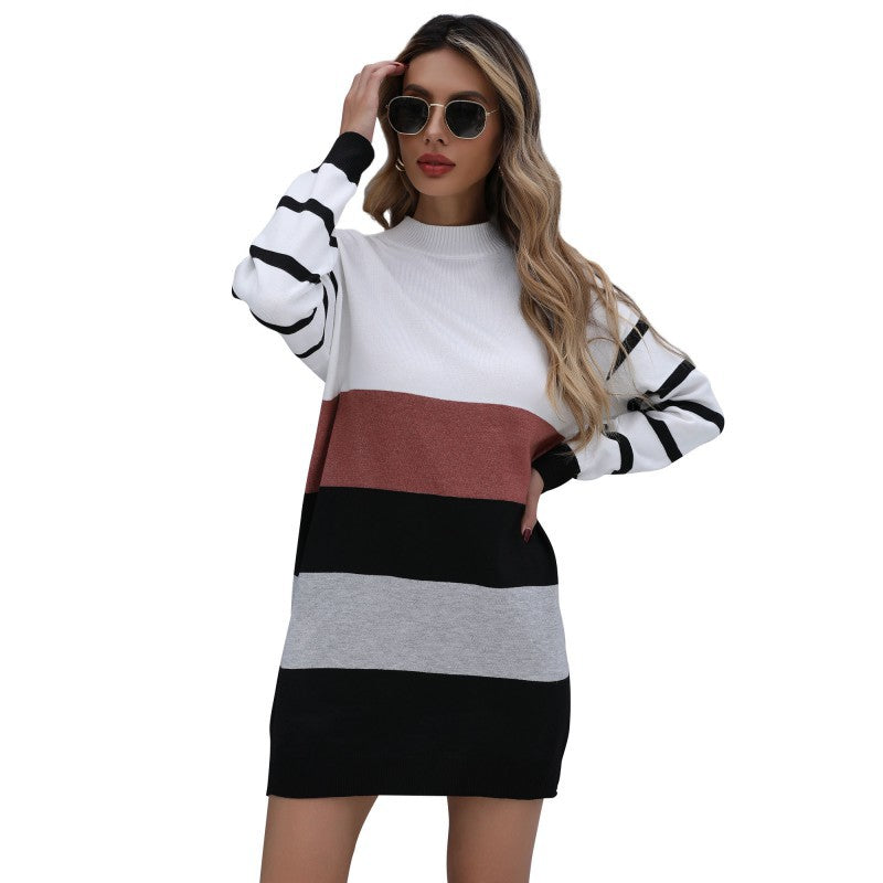 Clothing Autumn Winter Color Matching Fashionable Long Knitted Base Sweater Dress