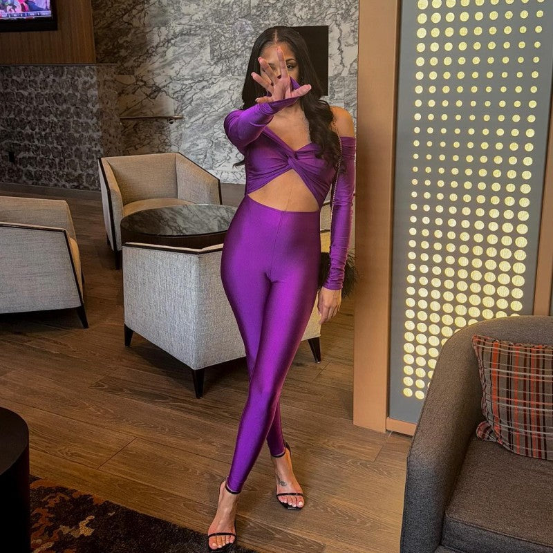 Autumn Color V Neck Twist Hollow Out Cutout Cropped High Waist Long Sleeve Jumpsuit