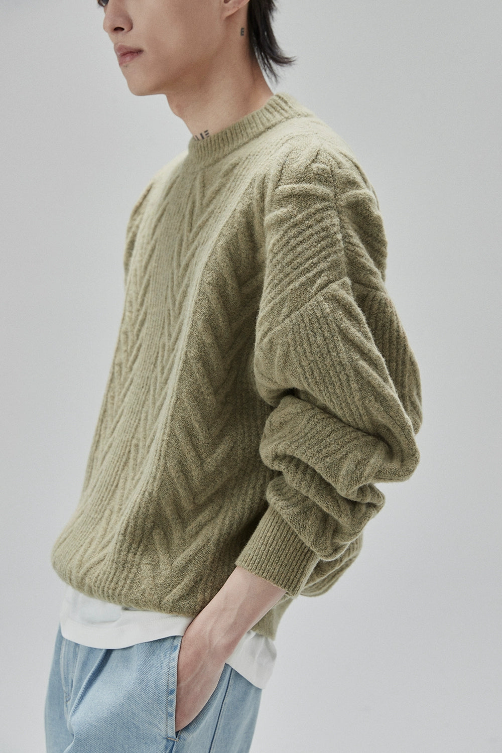 Cream Cable Knit Sweater With Chevron Pattern