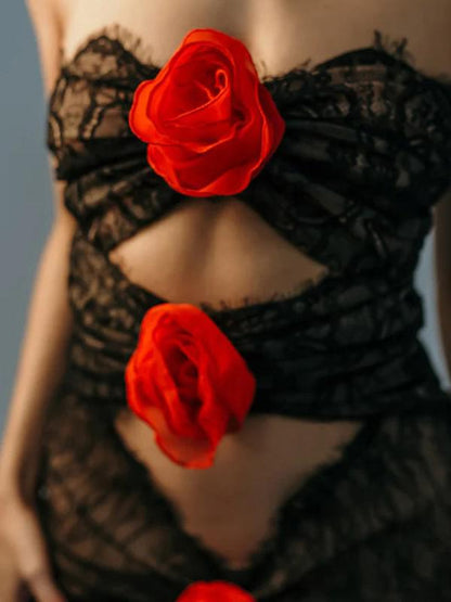 Lace Rose Tube Cutout See Through Maxi Dress