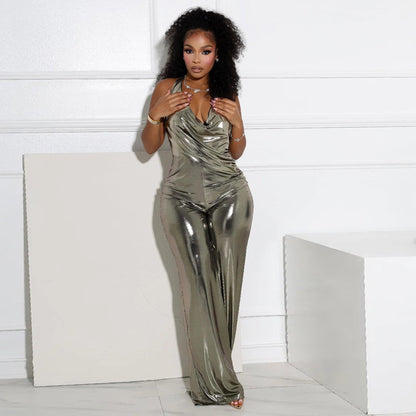 Clothing Swing Collar Halter Backless Wide Leg Jumpsuit