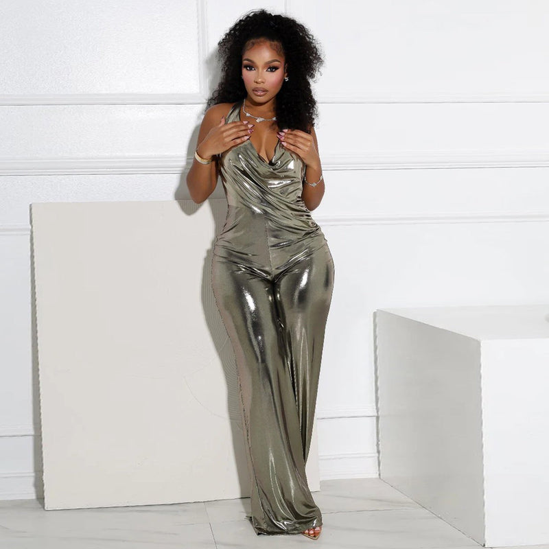 Clothing Swing Collar Halter Backless Wide Leg Jumpsuit