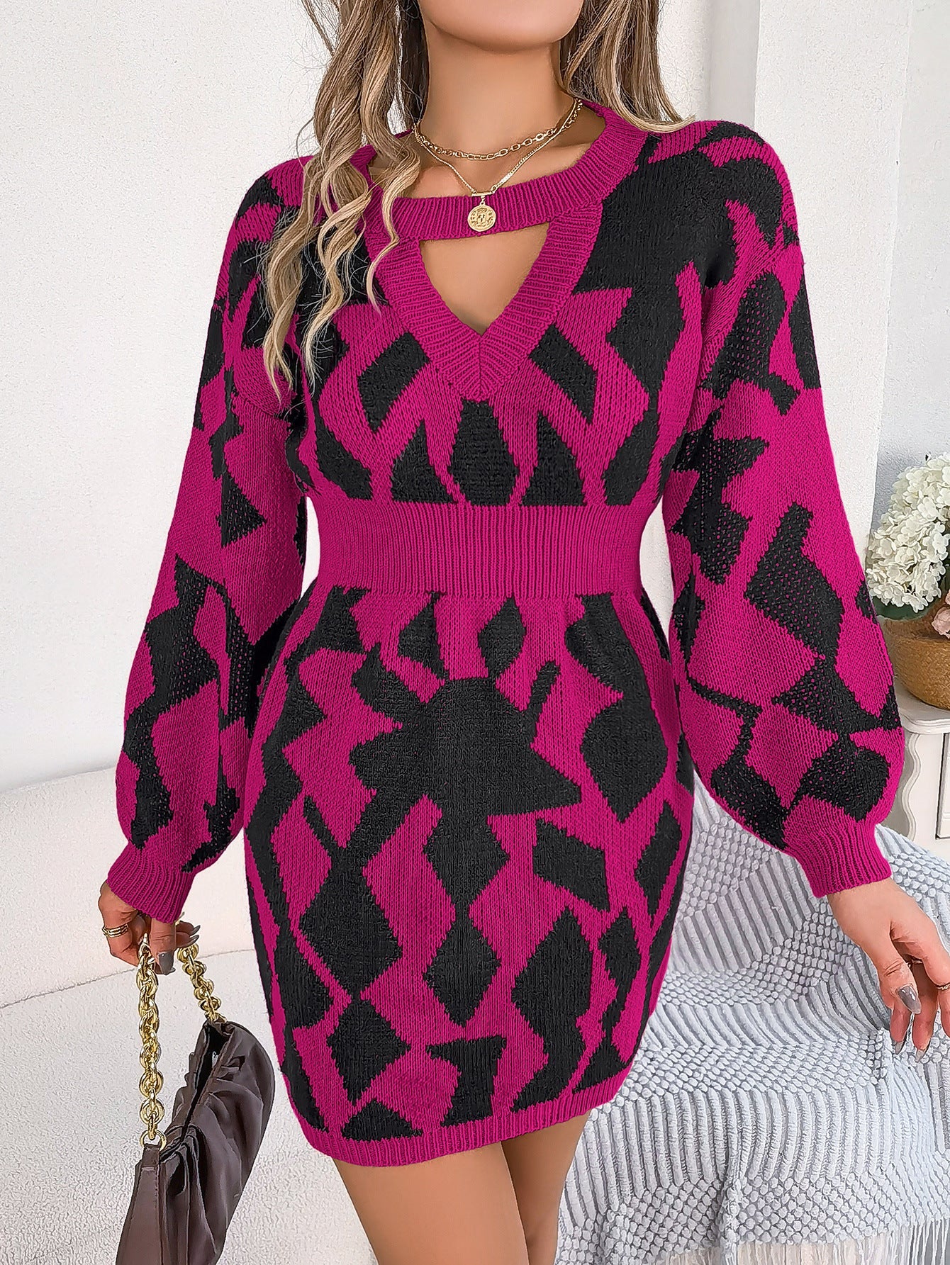 Autumn Winter Color Matching Hollow Out Cutout Out Lantern Sleeve Fitted Waist Sweater Dress Clothing