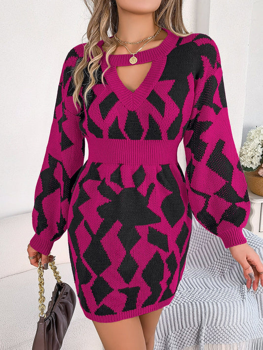 Autumn Winter Color Matching Hollow Out Cutout Out Lantern Sleeve Fitted Waist Sweater Dress Clothing