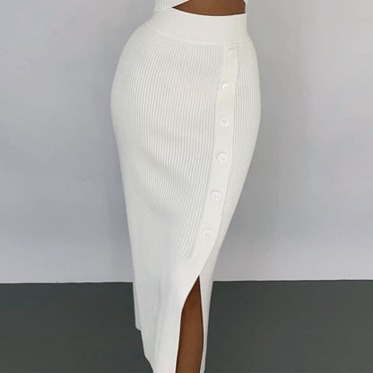 Autumn Winter Slit Woolen Skirt Deep V Plunge Plunge High Elastic Sweater Setfor