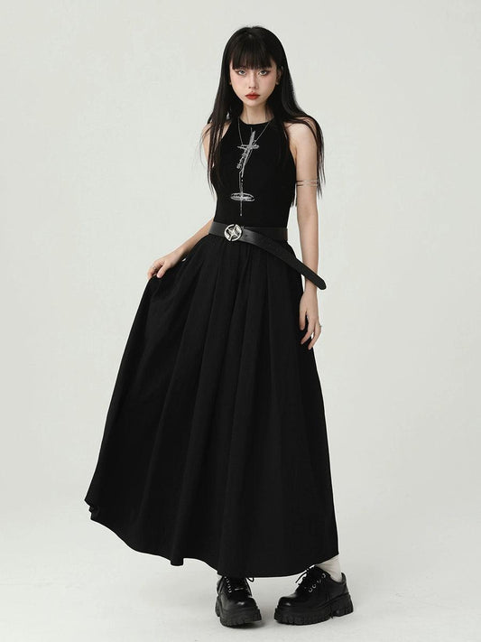 Ladyghost Gothic Sleeveless Maxi Dress - Black A-line Gown With Cross Pendant and Pentagram Belt
