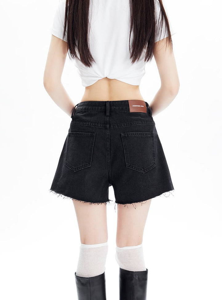High-waisted Chevron Denim Shorts
