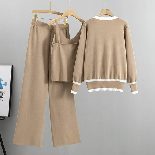 Spring Autumn Clothing Suit Tide Knitted Cardigan Sling Wide Leg Pants Three Piece Suit Suit