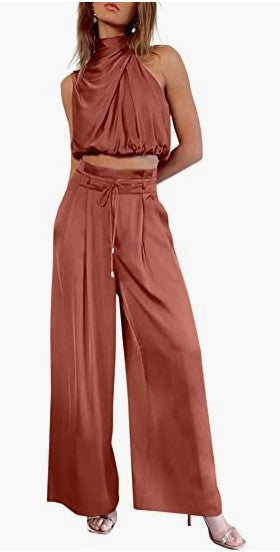 Sleeveless Collar Two Piece Sets Wide Leg Pants Summer Cropped Top
