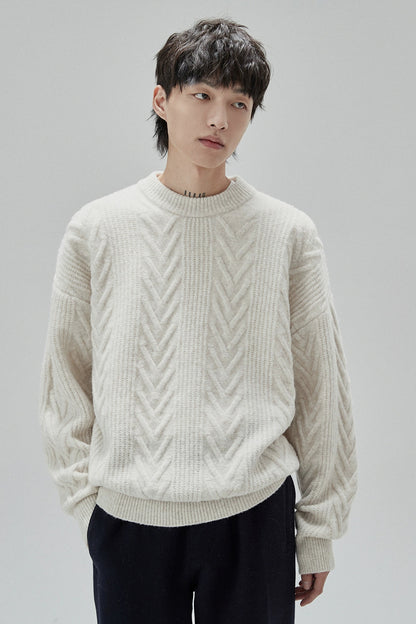 Cream Cable Knit Sweater With Chevron Pattern