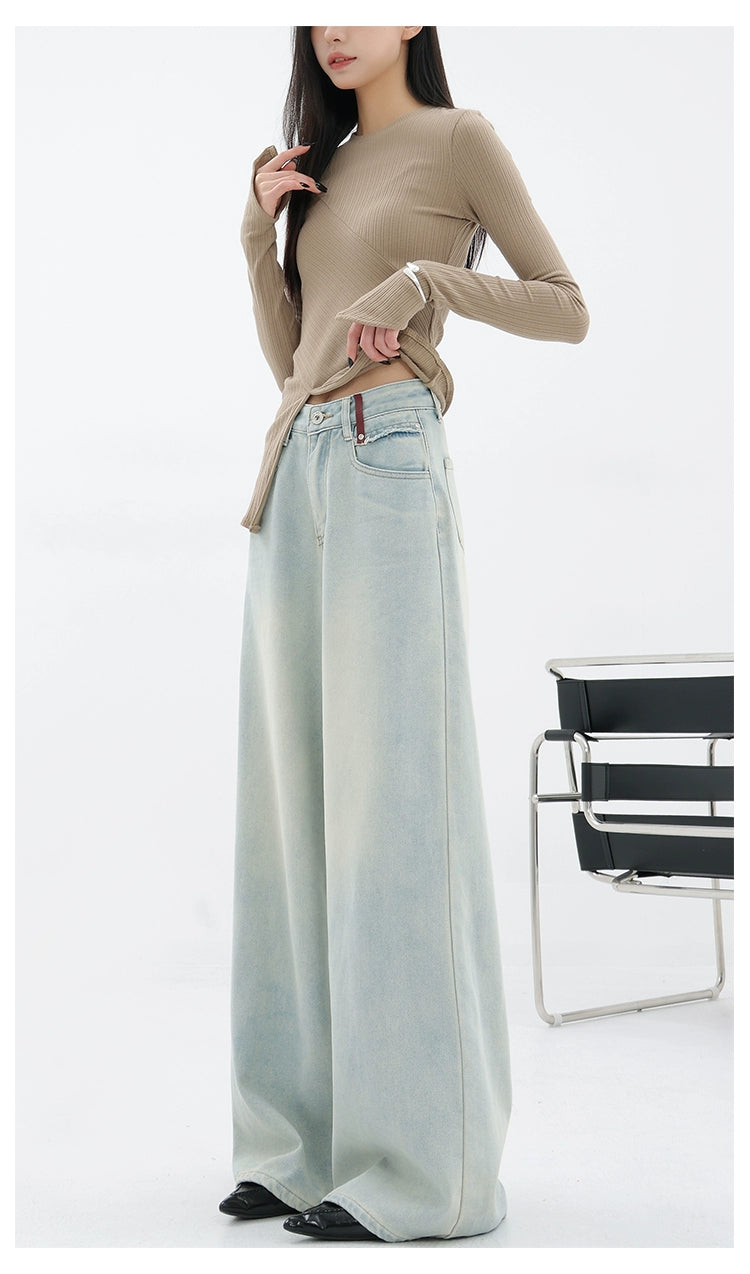 Light Blue Loose Straight Wide-leg Denim Pants With Embroidery Design