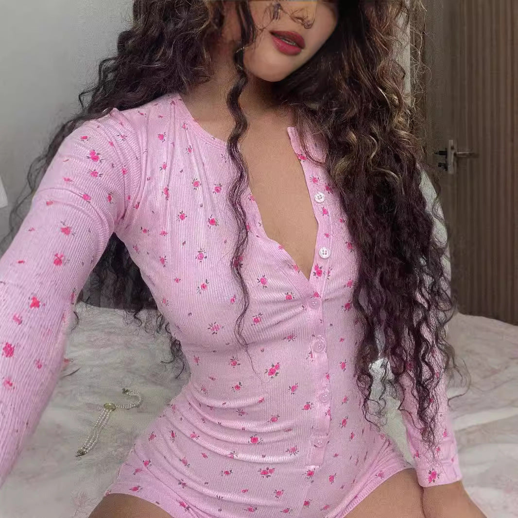 V Neck Double Breasted Romper Long Sleeve Slim Homewear Hip Shorts