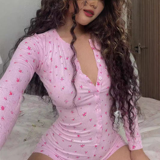 V Neck Double Breasted Romper Long Sleeve Slim Homewear Hip Shorts