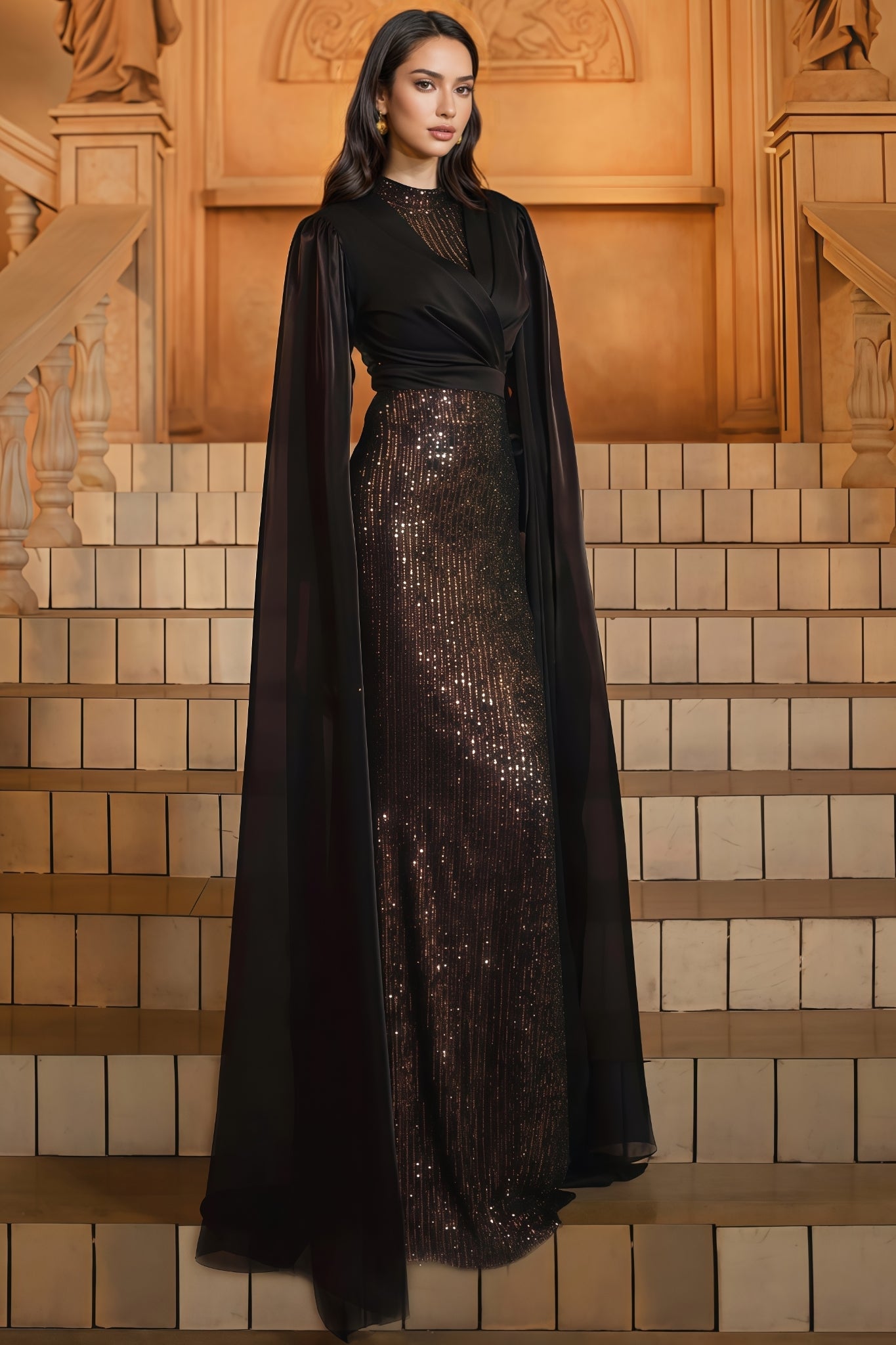 Mirt Black Round Neck Sequin Maxi Dress