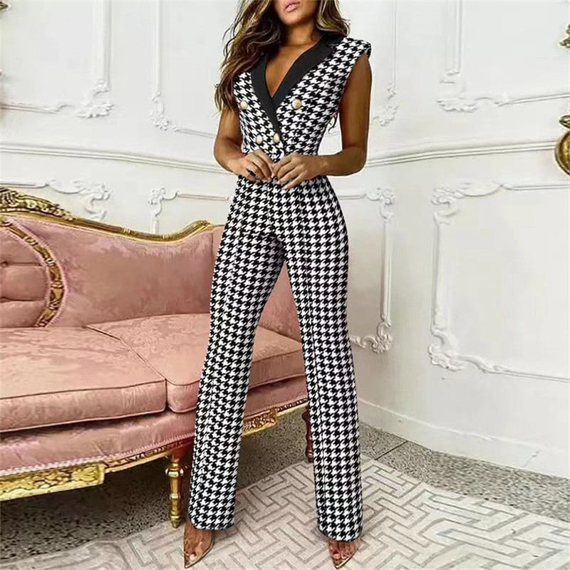Spring Summer Clothing Color Matching Button V-neck Sleeveless Houndstooth Jumpsuit Business Wear for