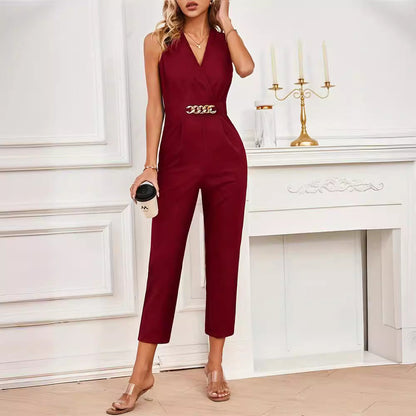 Cross Collar Golden Buckle Chain Color Office Skinny Sleeveless Pants Jumpsuit Pants