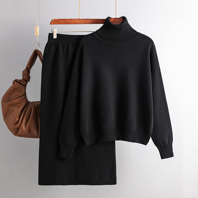Color Turtleneck Sweater Sheath Skirt Two Piece Set Autumn Winter Knitting Suit