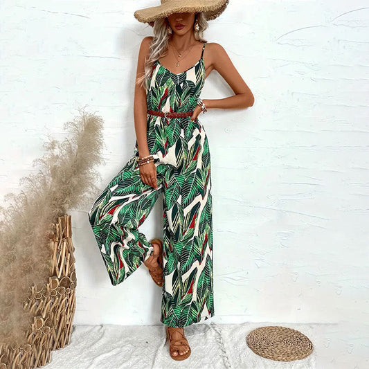 Clothing Printed Suspender Wide Leg Pants Draping Effect Trousers Suspender No Belt Jumpsuit