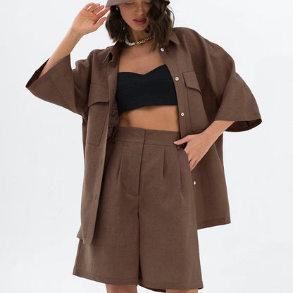 Color All Match Office Collared Drop Shoulder Twet Outfit Summer Straight Shorts Set