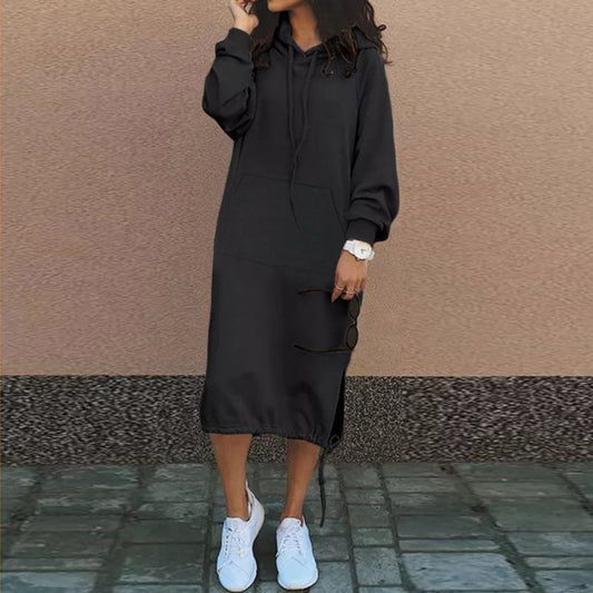 Autumn Winter Long Lace Up Hem Dress Hooded Sweater Midi Dress for