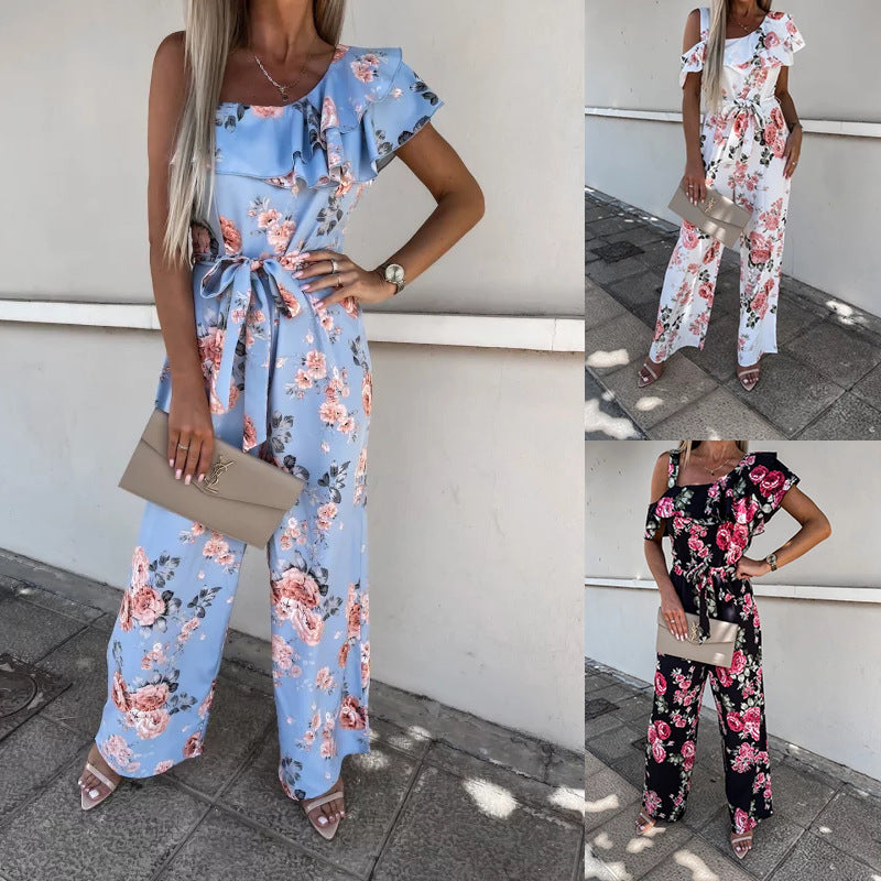 Summer Loose Lace-up Printed Jumpsuit